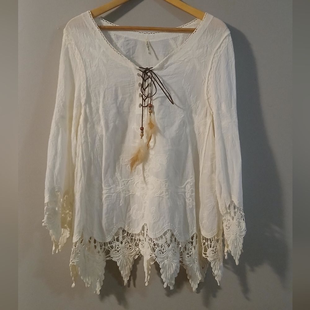 White Bohemian Embroidered Lace Top Cotton Size Large